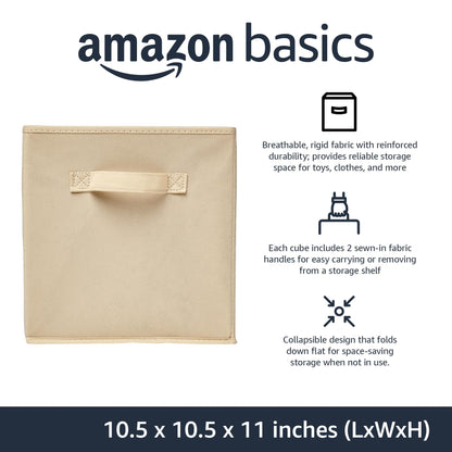 Amazon Basics Collapsible Fabric Storage Cubes Organizer with Handles, Sturdy, Beige, 10.5-x-10.5-x-11-inch, Pack of 6