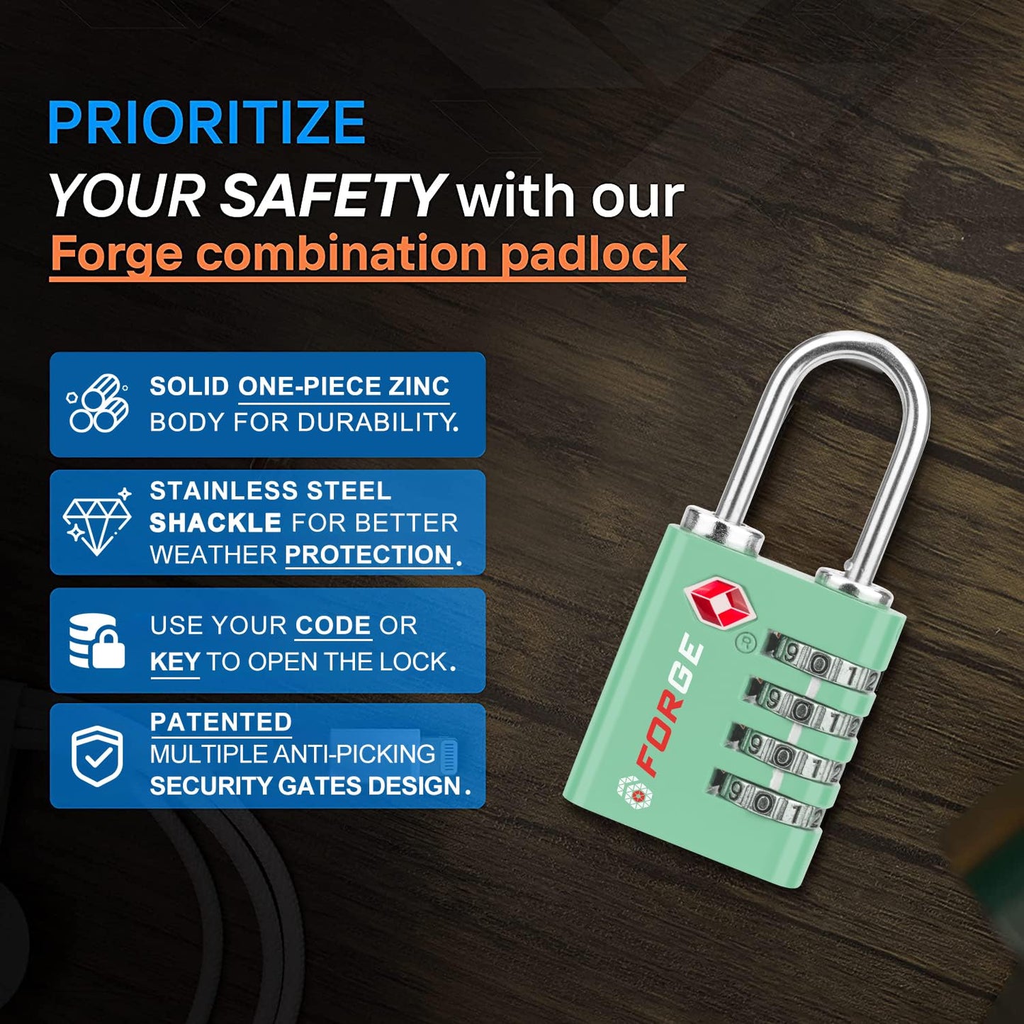 Forge Dual-Opening: Key or Combination Access Lock, TSA Approved Locks for Luggage, Pelican case, Travel, Gym, School, Stainless Steel Shackle. (Multi Color, 4 Pk)