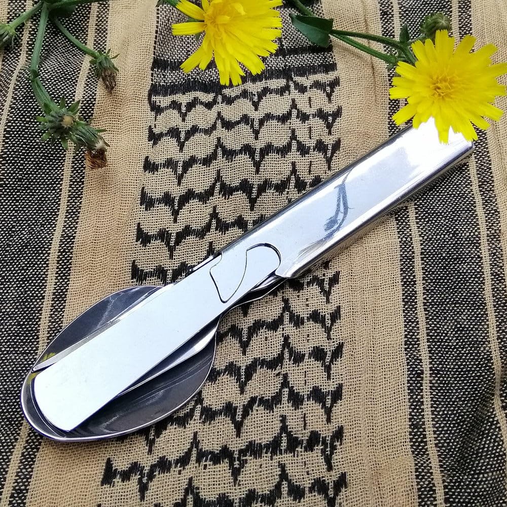 M‑Tac 4‑in‑1 Camping Utensil – Spoon, Fork, Knife & Bottle/Can Opener Combo – Compact Stainless Steel for Hiking & Survival