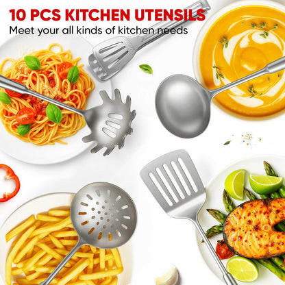Newness 10 Pcs Cooking Utensils Set, 304 Stainless Steel Kitchen Utensils Set, Metal Kitchen Accessories, Include Soup Ladle, Slotted Skimmer Spoon, Spaghetti Spoon and Spatula, Tongs,Dishwasher Safe