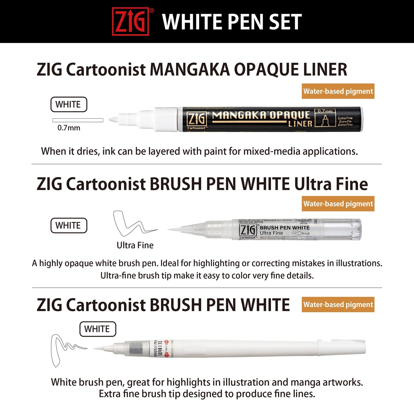 Kuretake Zig Inktober pen set, for Illustration, Manga Drawing, Lettering and Calligraphy, Professional Artist, Made in Japan (White(3pcs.))