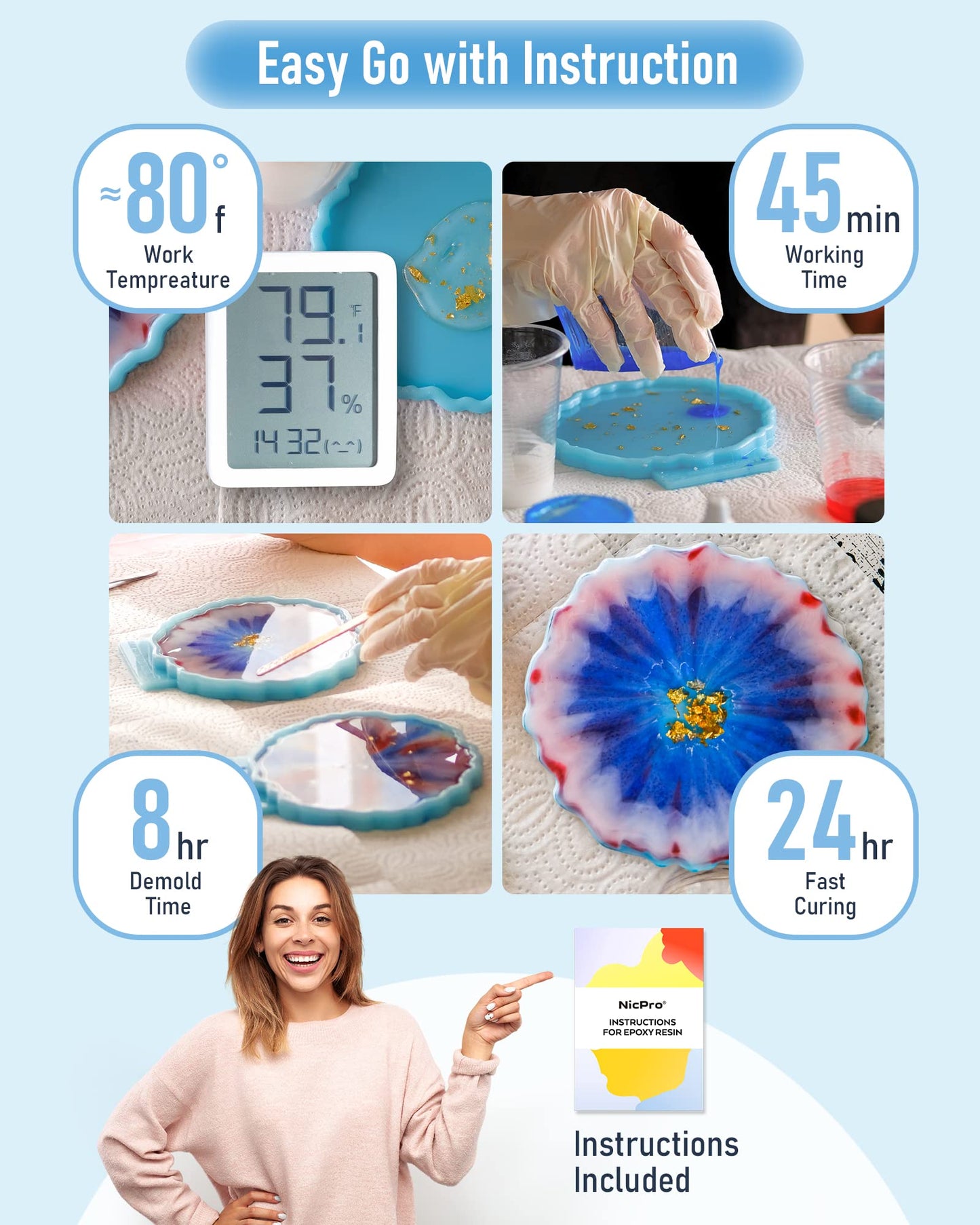 Nicpro 2 Gallon Crystal Clear Epoxy Resin Kit, High Gloss & Bubbles Free Resin Supplies for Art Coating Casting Craft DIY Wood, Jewelry Making, Molds