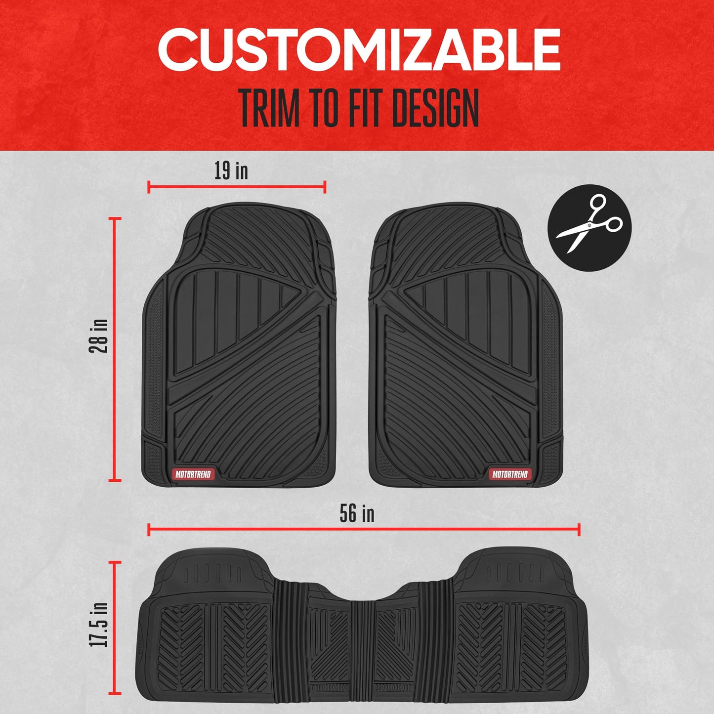 Motor Trend FlexTough Performance All Weather Rubber Car Floor Mats - 3 Piece Floor Mats Automotive Liners for Cars Truck SUV, Heavy-Duty Waterproof (Black)