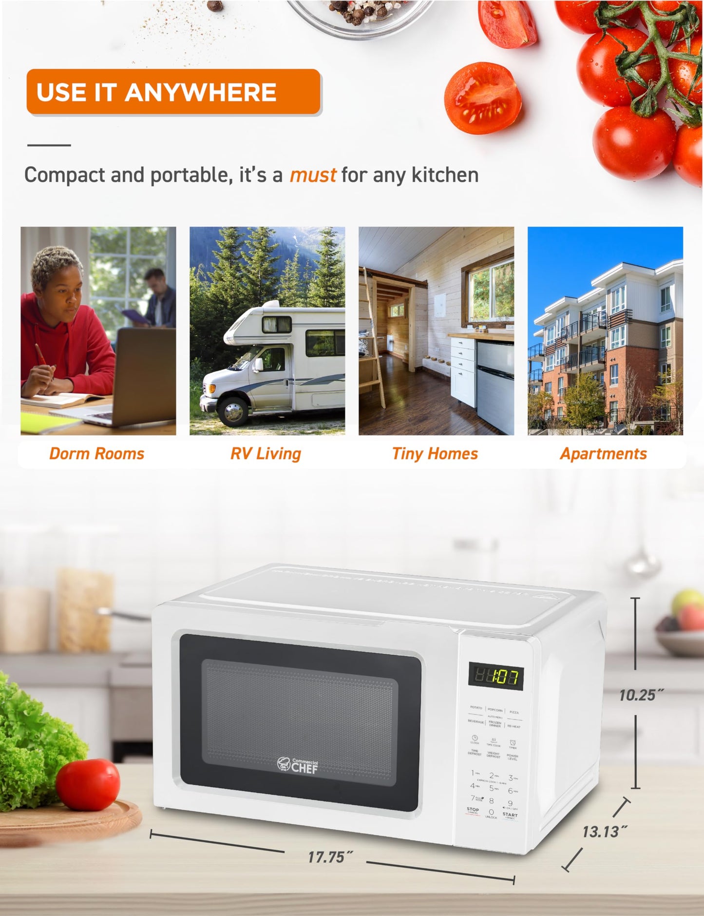 OMMERCIAL CHEF 0.7 Cubic Foot Microwave with 10 Power Levels, Small Microwave with Pull Handle, 700W Countertop up to 99 Minute Timer and Digital Display, White