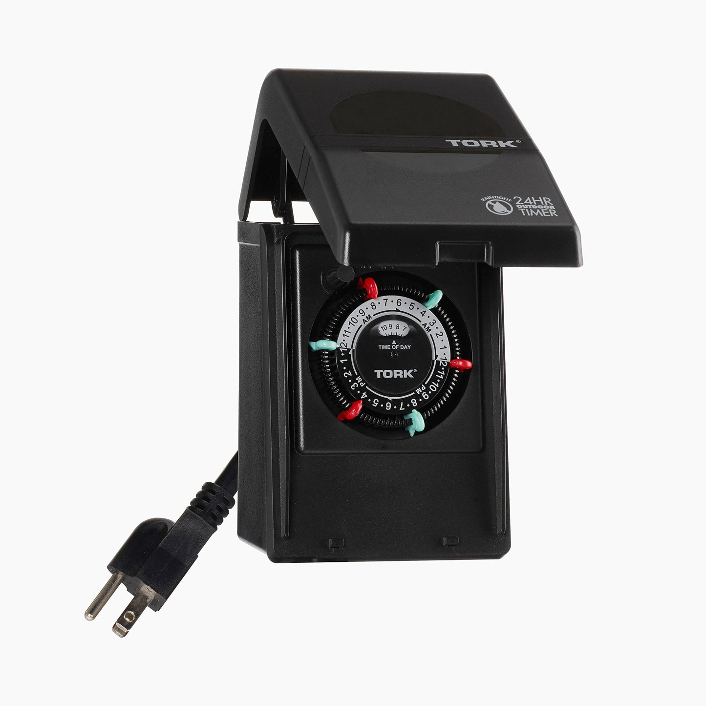 NSi Industries TORK RHB32R Indoor/Outdoor 15-Amp Plug-in Heavy Duty Mechanical Timer 24-Hour Programming – GREEN & RED Trippers TWO Receptacles Black Cover