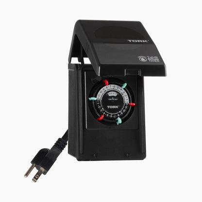 NSi Industries TORK RHB32R Indoor/Outdoor 15-Amp Plug-in Heavy Duty Mechanical Timer 24-Hour Programming – GREEN & RED Trippers TWO Receptacles Black Cover