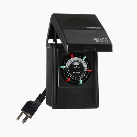 NSi Industries TORK RHB32R Indoor/Outdoor 15-Amp Plug-in Heavy Duty Mechanical Timer 24-Hour Programming – GREEN & RED Trippers TWO Receptacles Black Cover