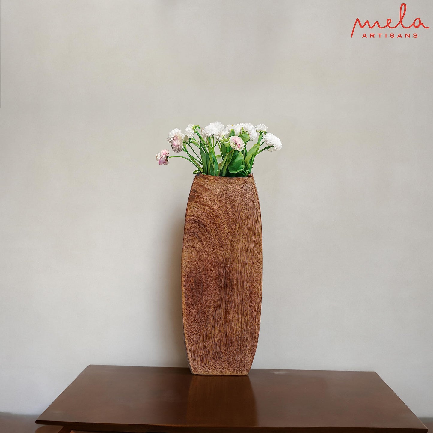 Mela Artisans Large Wood Vase - Manas Style with Medium Burnt Finish | 12" x 3.5" x 3.5" | Wooden Vases for Home Decor | Decorative Rustic Natural Mango Wood Vases | Elegant Wood Flower & Bud Vase