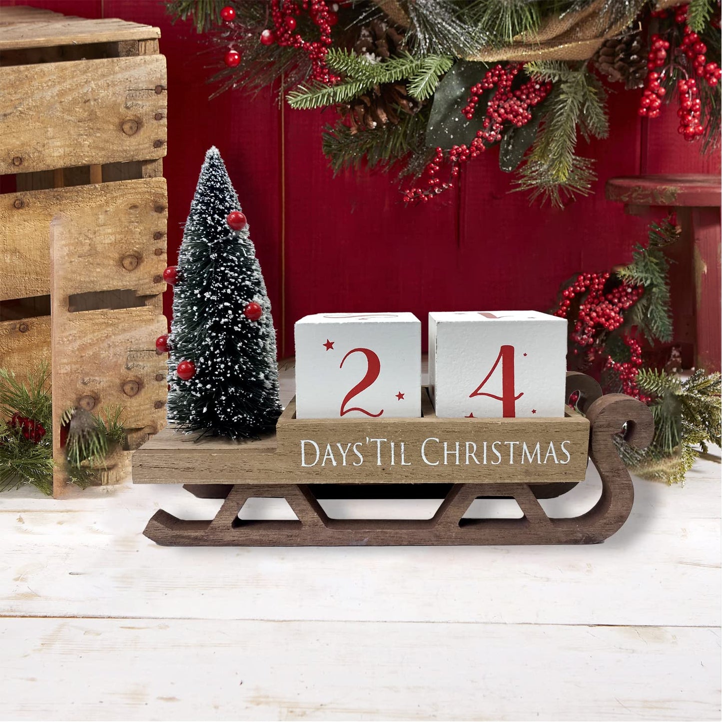 HOMirable Christmas Countdown Blocks Santa Sleigh Advent Calendar 99 Days Christmas Tree Decorations Wooden Farmhouse Rustic Sign Xmas Party Holiday Décor for Home Living Room, Mantel, Tiered Tray