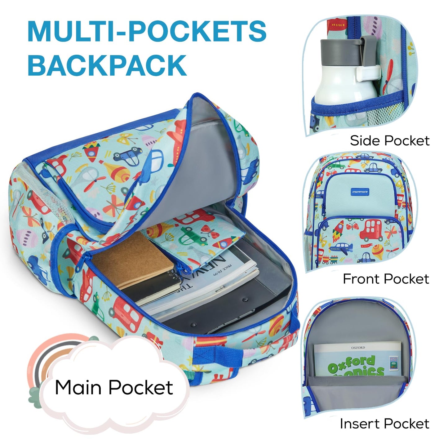 mommore Kids Backpack Set, Lightweight School Backpack for Kids Elementary Car Bookbag for Students with Chest Strap Water Resistant,3pcs blue