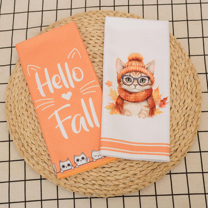 LXOMILL Cat Fall Kitchen Towels - Orange Autumn Dish & Hand Towels for Fall Decor