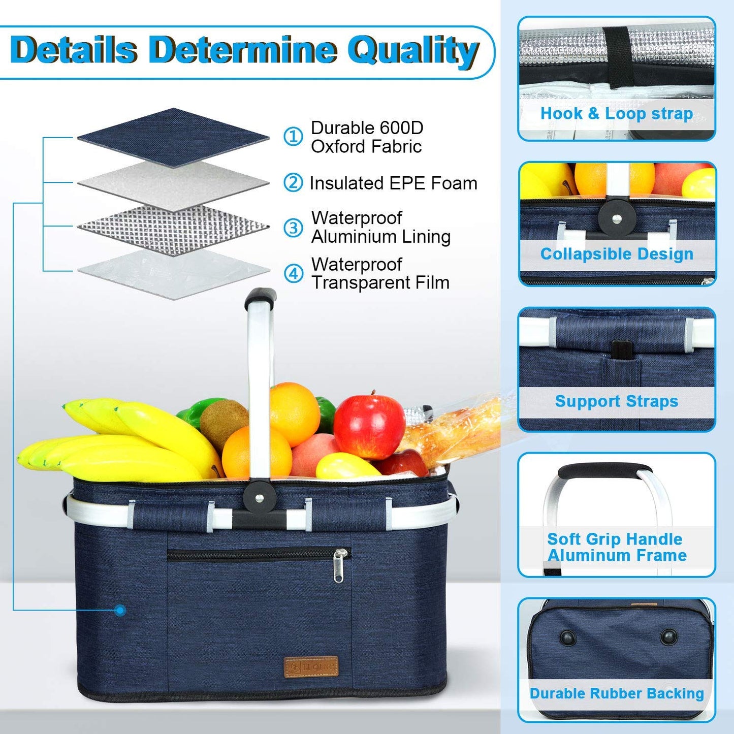 LIQING 35L Picnic Basket 2 Layers of Internal Pockets Leak-Proof and Insulated Folding, Internal Support Does Not Collapse for Women