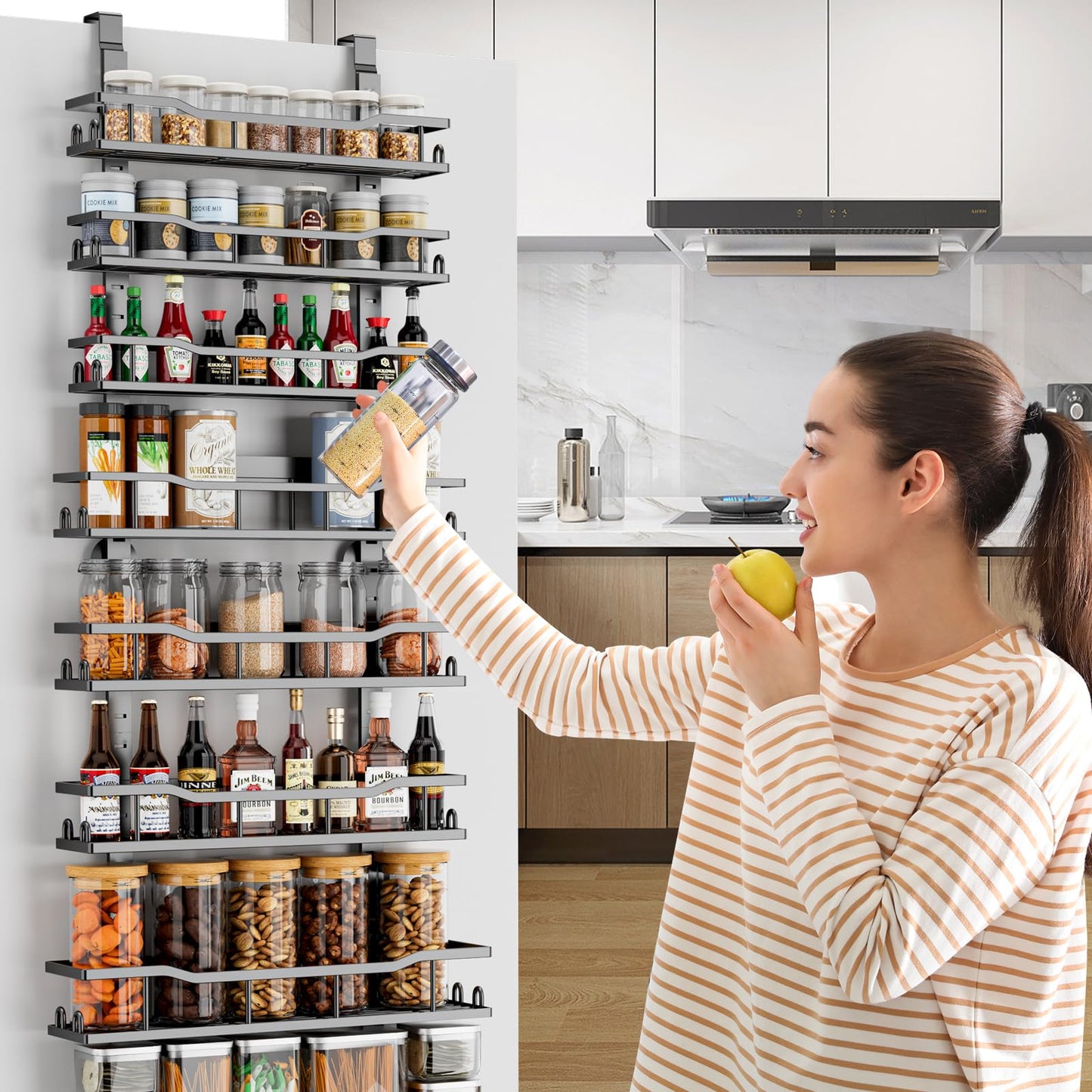 Over The Door Pantry Organizer, 9-Tier Over The Door Organizer with Adjustable Baskets, Metal Hanging Spice Rack for Pantry Organizers and Storage, Suitable for Kitchen Laundry Room & Bathroom, Black