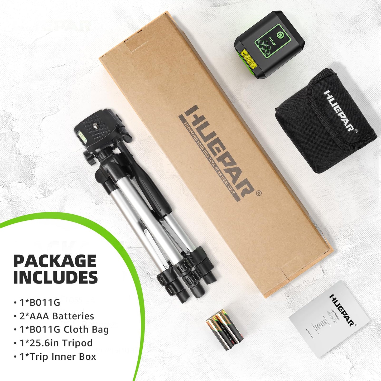 Laser Level with Tripod, Huepar 100Ft Self Leveling Green Cross Line DIY Laser Leveler Tool for Picture Hanging Floor Tile Wall Home Renovation, Gift for Him Father Husband Boyfriend (25.6in Tripod)