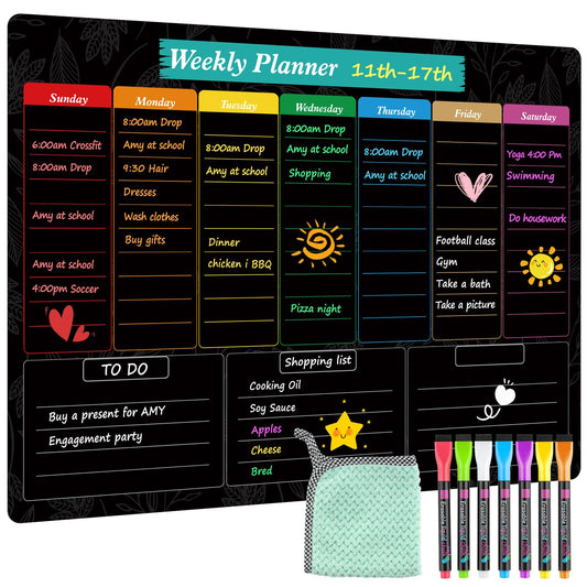 MaxGear Black Weekly Dry Erase Board,16"x12" Magnetic Whiteboard Meal Planner Blackboard for Fridge, Chalkboard Calendar Menu Planning Board Notepad for Kitchen with 7 Markers and 1 Eraser