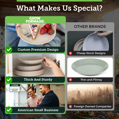 Grow Forward 16-piece Premium Wheat Straw Dinnerware Sets for 4 - Unbreakable Dishwasher & Microwave Safe Plastic Plates and Bowls Sets - Patio, Outdoors, RV, Camping Dishes - Sahara