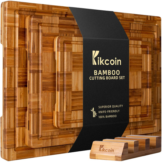 Kikcoin Extra Large Bamboo Cutting Boards, (Set of 3) Chopping Boards with Juice Groove Bamboo Wood Cutting Board Set Butcher Block for Kitchen, End Grain Serving Tray