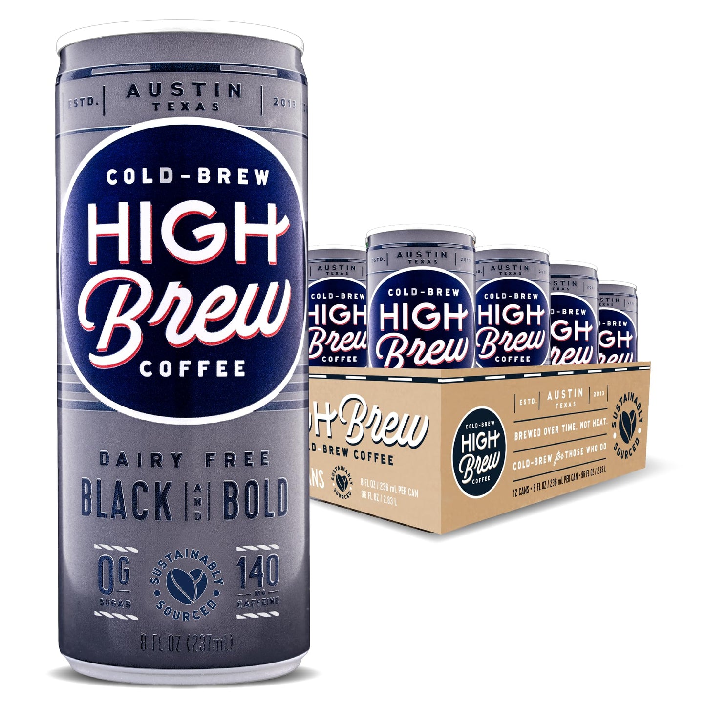 High Brew Black & Bold Cold Brew Coffee, Caffeinated, Dairy Free, 8 Ounces (Pack Of 12)