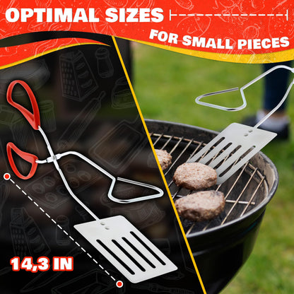 14.3" Long Grill Tongs for Outdoor Grill – 2-in-1 BBQ Spatula Tongs for Flipping Meat, Fish, & Veggies, Multifunctional Grilling Spatula for Easy Gripping & Flipping – Ergonomic Hamburger Flipper Tool