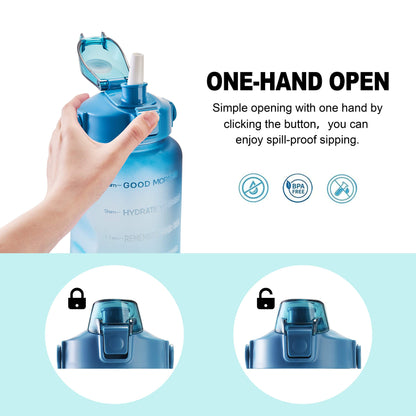 EYQ 64oz Leakproof Drinking Water Bottles, Half Gallon with Motivational Time Marker BPA Free for Fitness, Gym and Outdoor Sports (Navy/Green Gradient)