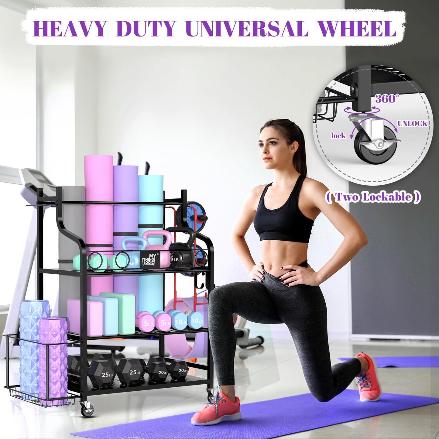 Mythinglogic Yoga Mat Storage Racks for Home, Gym Rack for Dumbbells Kettlebells Foam Roller, Yoga Strap and Resistance Bands, Workout Equipment Organizer With Hooks and Wheels