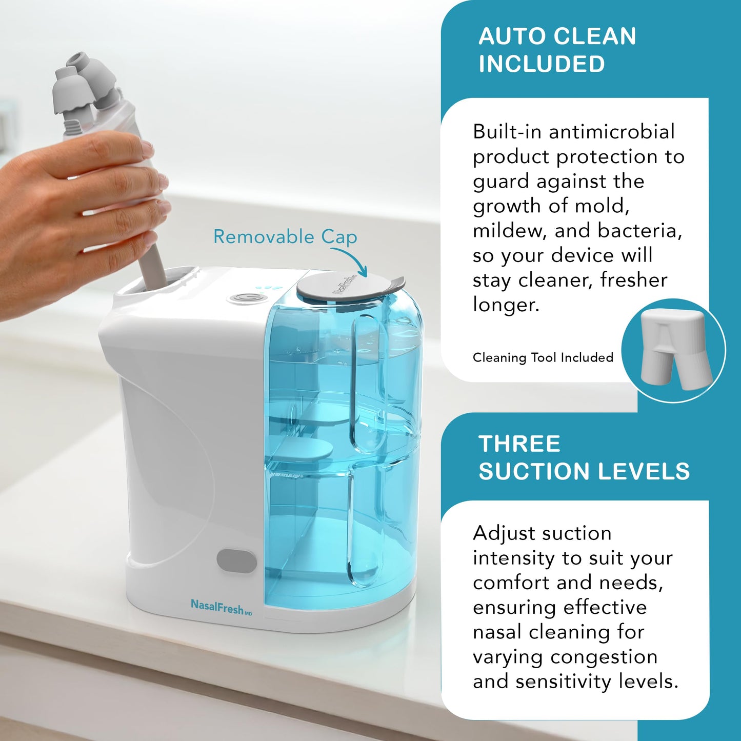 NASALFRESH MD Premium Bundle–Dual Powered Nasal Irrigation System Nasal Rinse and Wash, Sinus Decongestant Relief System, 60 Saline Packets, Case, Rechargeable, 2 Sets of Nose Pillows–Snoring Remedy