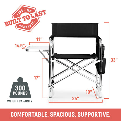 PICNIC TIME Sports Chair with Side Table, Outdoor Foldable Padded Adult Camping Chairs with Cup and Accessory Panel for Lawn, Beach, & Sports Use for Adults, up to 300-lbs Capacity, (Red)