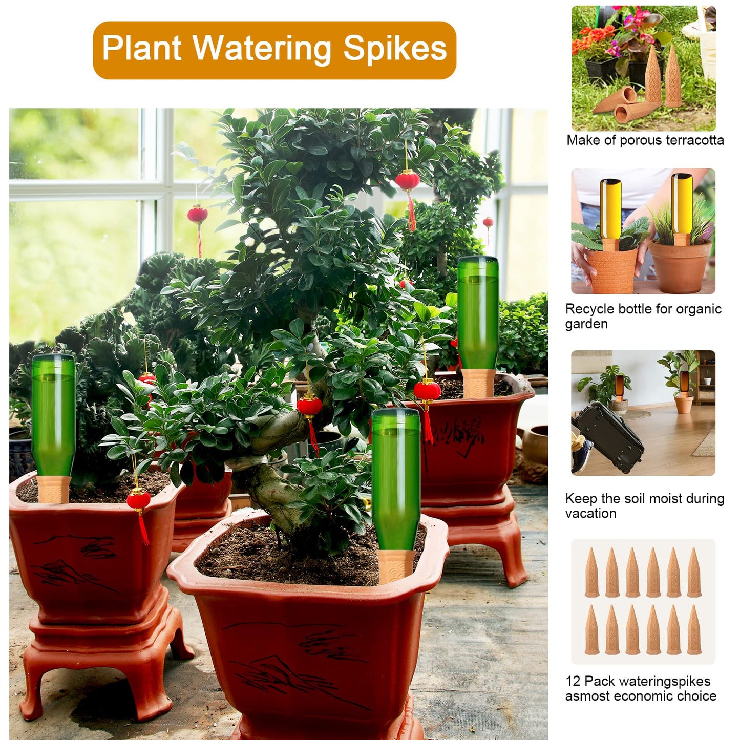 Plant Watering Spikes 12 Pack,Terracotta Plant Watering Spikes Wine Bottle Automatic Plant Waterer for Watering Indoor and Outdoor Plants While on Vacation - Plant Perfect Self-Watering Device