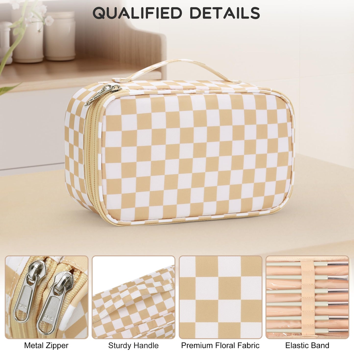 Relavel Travel Makeup Bag with Brush Holder, Dual-Layer Small Cosmetic Organizer, Portable Toiletry Bag for Accessories Storage, Cute Make Up Bag for Gift, Trip, Camp, Daily Use - Plaid