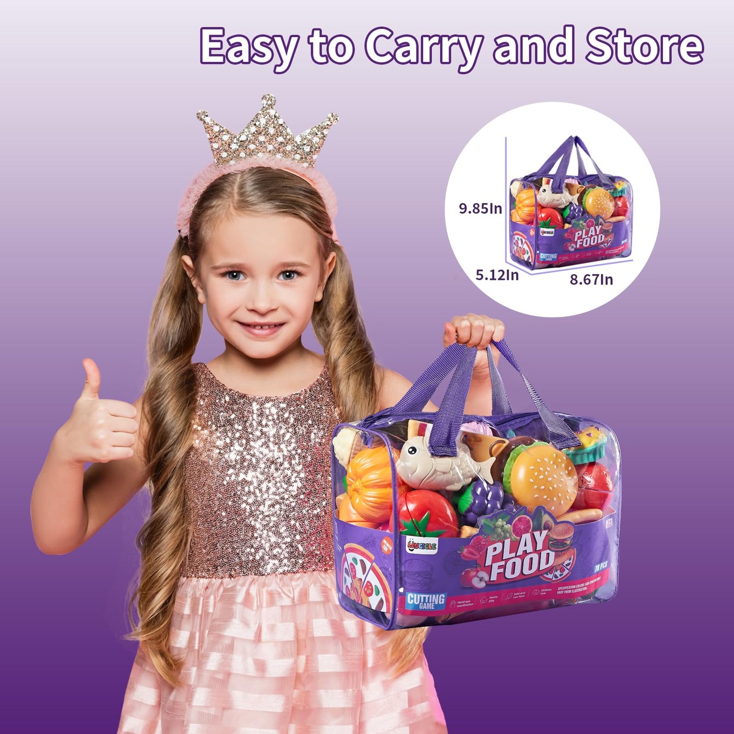 Laugigle Pretend Play Food for Kids Kitchen - 78Pc Cutting Toy Food with Storage Bag, Food Toys with Veggies, Fruits, Fake Food with Pizza Toy, Pretend Food, Play Kitchen Accessories, Boys Girls Gift