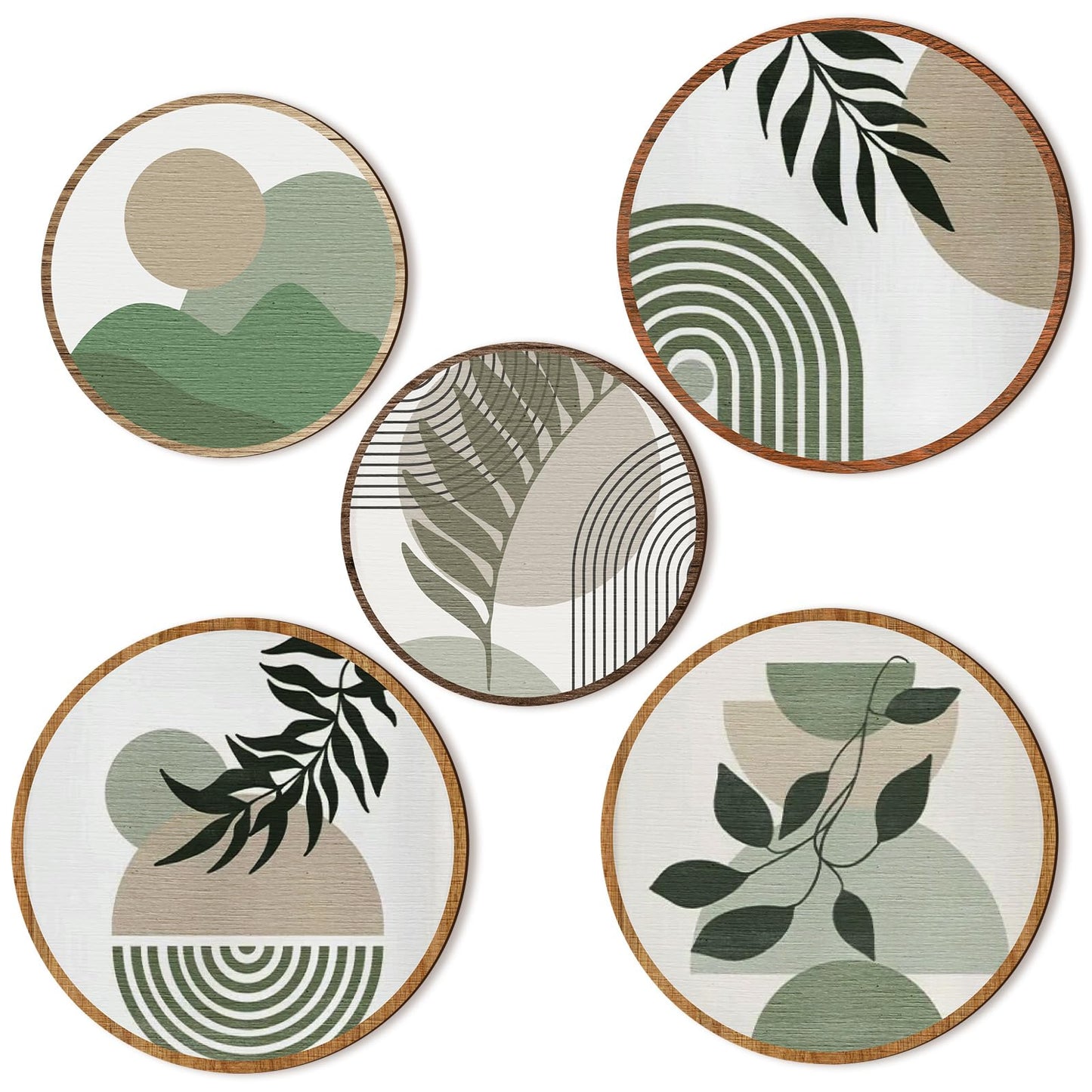 Qunclay 5 Pcs Wall Art Decor Wooden Living Room Wall Decor Bohemian Hanging Farmhouse Geometric 10'' and 8'' Aesthetic Wood Minimalist Posters for Bedroom(Greenery)