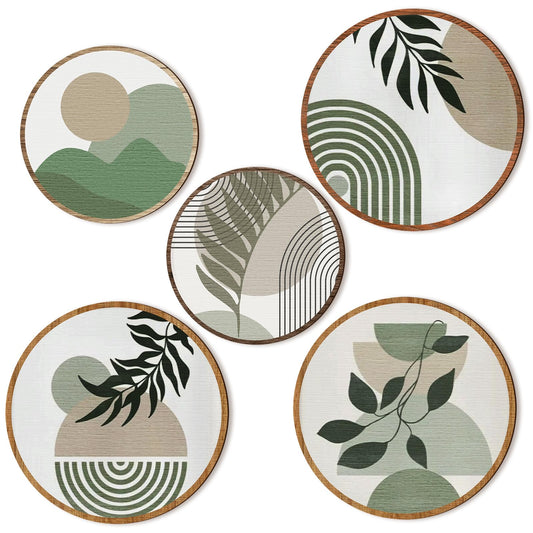 Qunclay 5 Pcs Wall Art Decor Wooden Living Room Wall Decor Bohemian Hanging Farmhouse Geometric 10'' and 8'' Aesthetic Wood Minimalist Posters for Bedroom(Greenery)