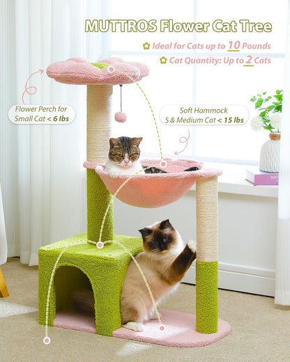 MUTTROS Flower Cat Tree with Large Metal Frame Hammock, 35" Cute Cat Tower with Sisal Scratching Posts for Small Indoor Cats, Cat Condo with Pink Top Perch for Kittens, Pink