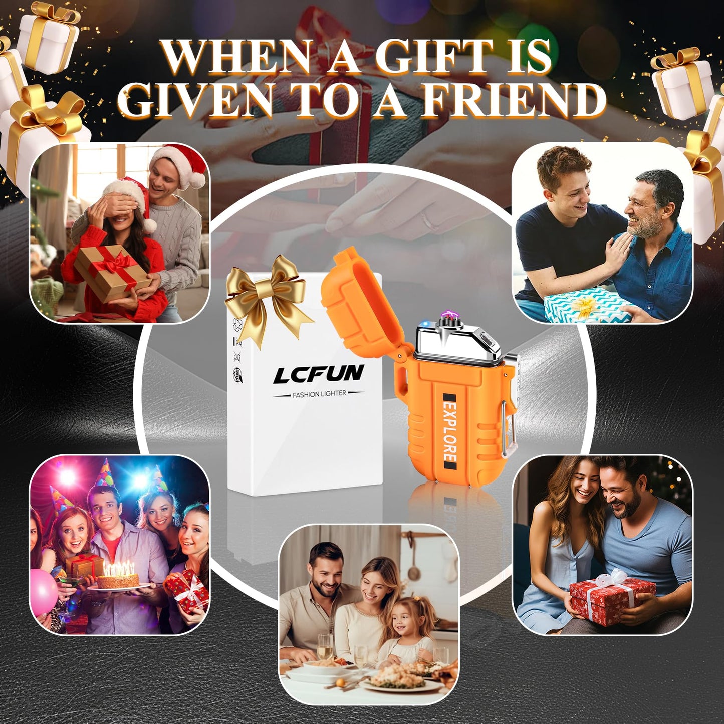 LcFun Electric Lighter - USB C Rechargeable, Windproof, Waterproof Flameless Dual Arc Plasma Lighters with Portable Lanyard for Adventure, Survival Tactical, Camping Gadgets for Men (Orange)