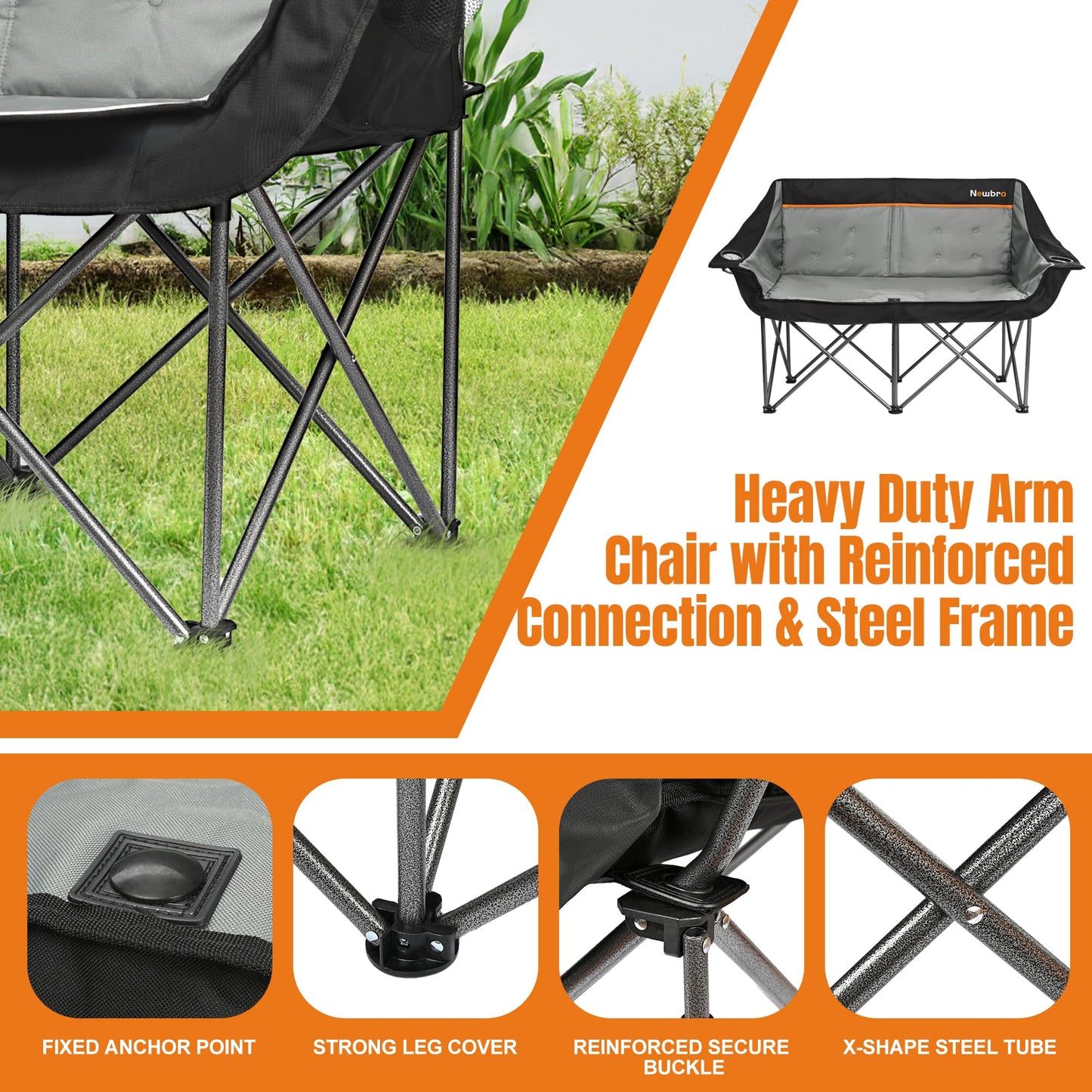 Newbro Oversized Double Camping Chair for Adults, Fully Padded Folding Camping Chairs Loveseat, Big Heavy Duty Outdoor Patio Lawn Chair with Arm Cup Holder