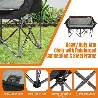 Newbro Oversized Double Camping Chair for Adults, Fully Padded Folding Camping Chairs Loveseat, Big Heavy Duty Outdoor Patio Lawn Chair with Arm Cup Holder