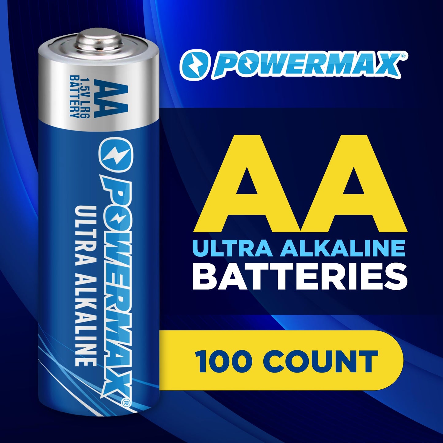 Powermax 100-Count Double AA Batteries, Ultra Long Lasting Alkaline Battery for Home and Office, 10-Year Shelf Life, Reclosable Packaging