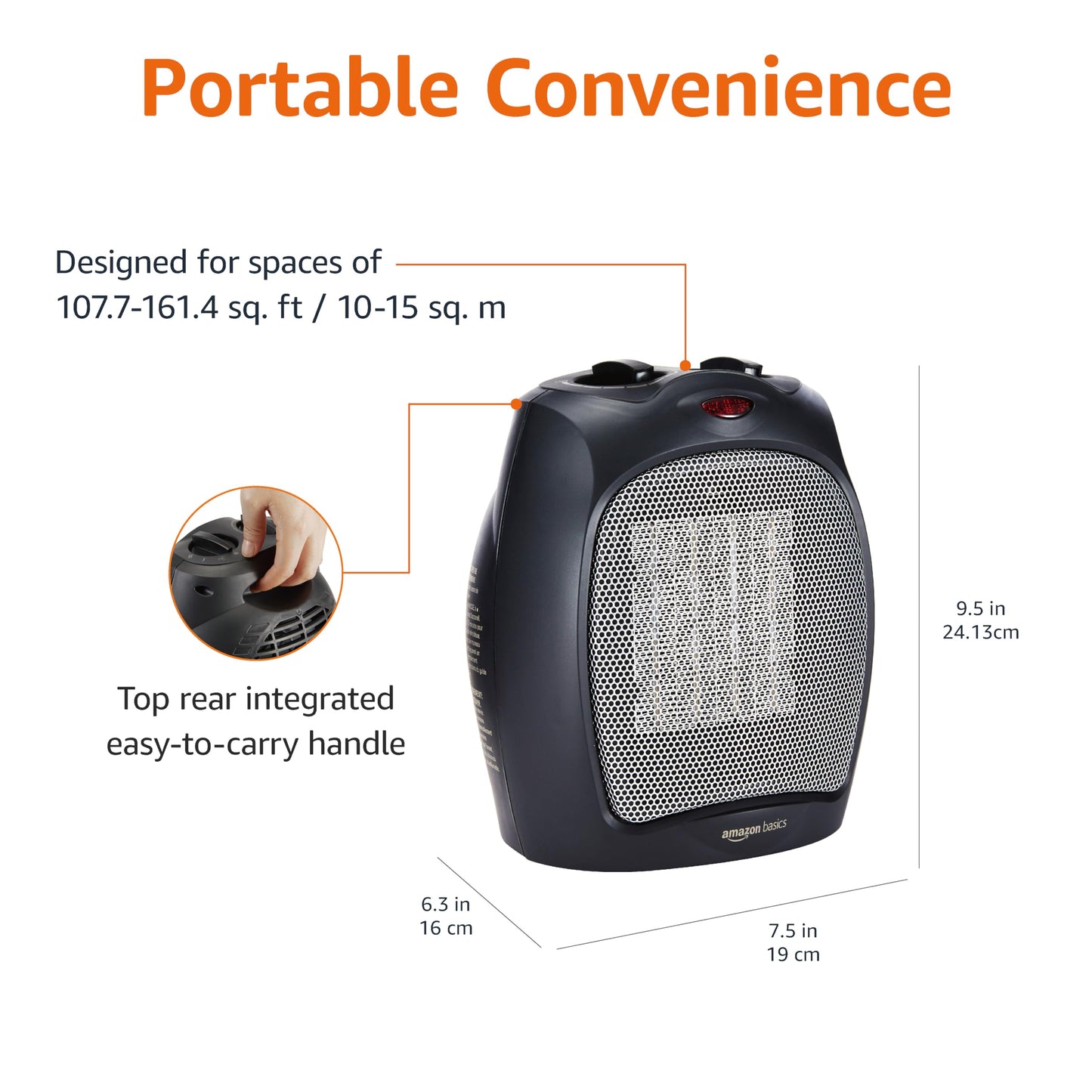 Amazon Basics Ceramic Space Heater, Portable Indoor Heating Solution, With Overheat and Tip-Over Protection, Thermostat, Non-Oscillating, 1500W, 7.52"D x 6.34"W x 9.45"H, Black