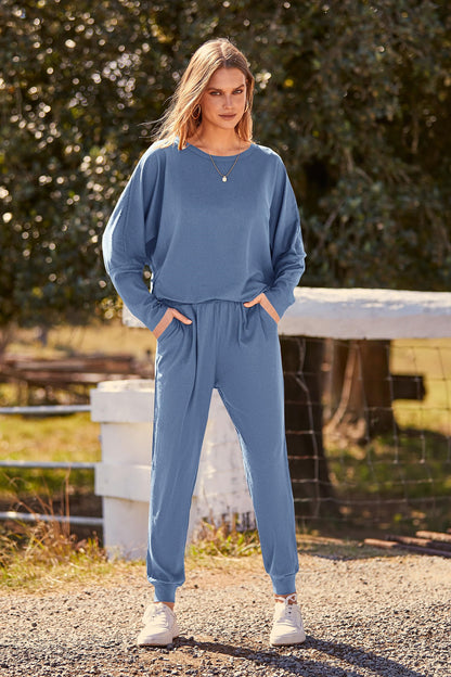 PRETTYGARDEN Women's Fall 2 Piece Lounge Set Long Sleeve Tops Ribbed Pants Spring Matching Sweatsuit Travel Outfits Clothes (Light Blue,Small)