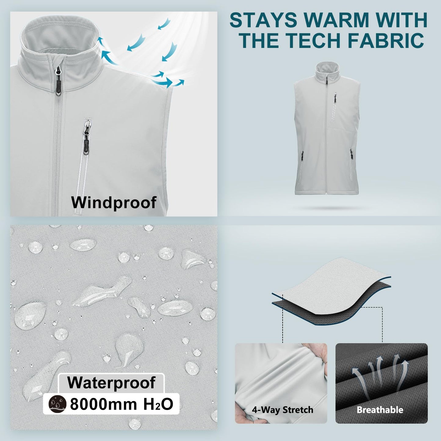 33,000ft Men's Windproof Lightweight Golf Vest Outerwear with Pockets, Softshell Sleeveless Jacket for Running Hiking Sports