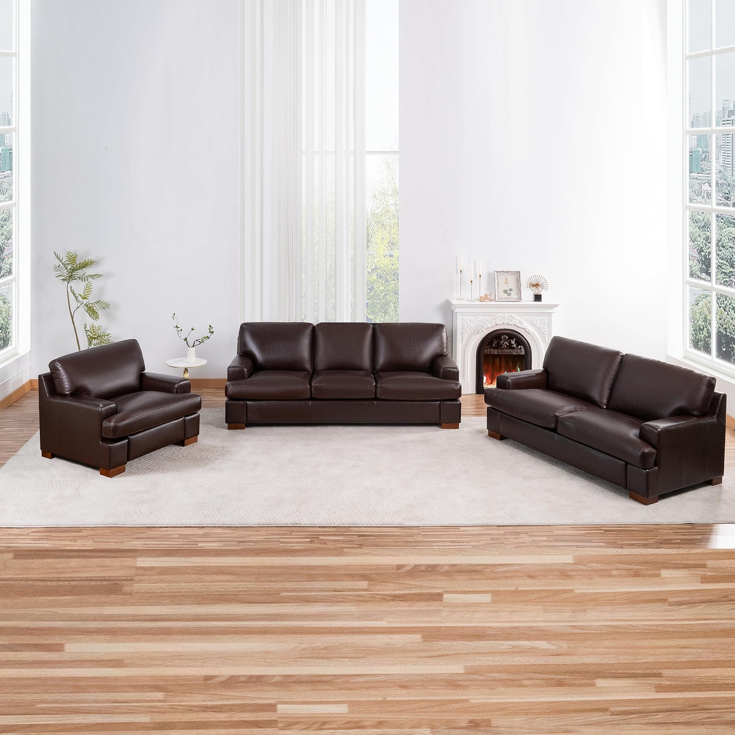 Naomi Home Siggy Genuine Leather Sofa - Set of 3 Luxurious Comfort, Goose Feather Cushion Filling, Square Arm Design, Sturdy Block Legs, Elegant Espresso - Ideal for Living Room, Office, or Bedroom