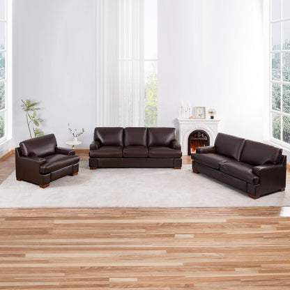Naomi Home Siggy Genuine Leather Sofa - Set of 3 Luxurious Comfort, Goose Feather Cushion Filling, Square Arm Design, Sturdy Block Legs, Elegant Espresso - Ideal for Living Room, Office, or Bedroom