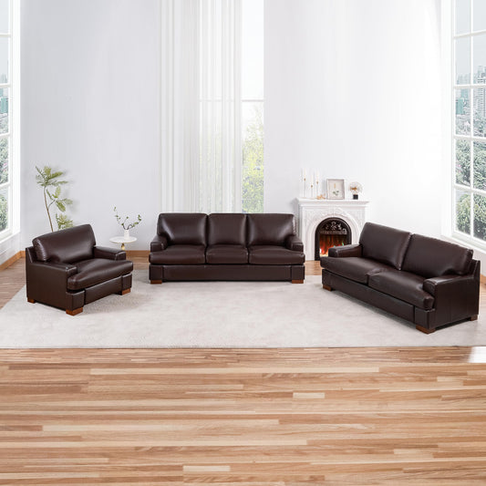 Naomi Home Siggy Genuine Leather Sofa - Set of 3 Luxurious Comfort, Goose Feather Cushion Filling, Square Arm Design, Sturdy Block Legs, Elegant Espresso - Ideal for Living Room, Office, or Bedroom