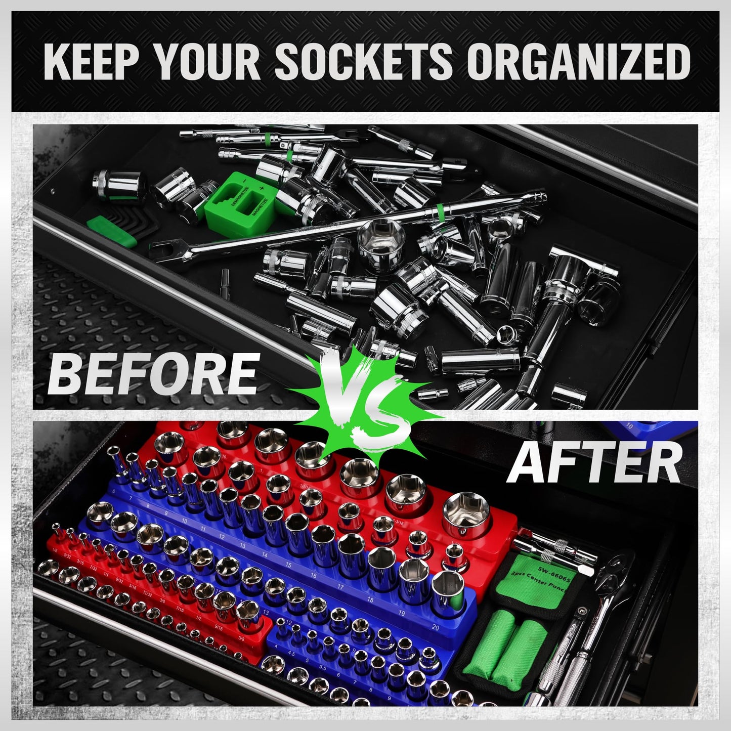 Magnetic Socket Organizer Set, 6PCS Socket Holder, 1/4", 3/8", 1/2" Sockets Holds 143 Pieces Magnetic Sockets Trays (Blue&red, 6 Pcs)