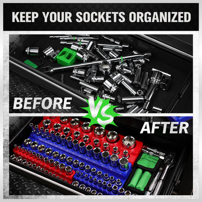 Magnetic Socket Organizer Set, 6PCS Socket Holder, 1/4", 3/8", 1/2" Sockets Holds 143 Pieces Magnetic Sockets Trays (Blue&red, 6 Pcs)