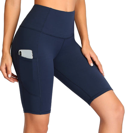 Oalka Women's Short Yoga Side Pockets High Waist Workout Running Shorts Navy Blue XXL