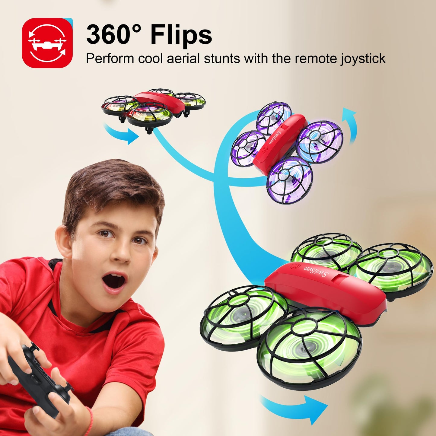 Swifsen Drone with Camera for Kids and Beginner,Birthday Gift Toy for Boys and Girl,Indoor Quadcopter Plane for Boy,Small Helicopter with Auto Hovering, 3D Flips, Headless Mode,2 Batteries