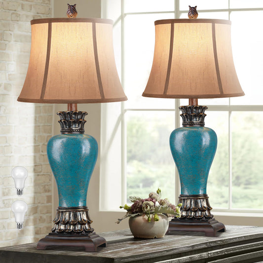 Hamucd Set of 2 Farmhouse Rustic Table Lamps for Living Room,3-Color Temperature Dimmable Blue Southwest Bedroom Lamps for Night Stands Traditional Antique Decor