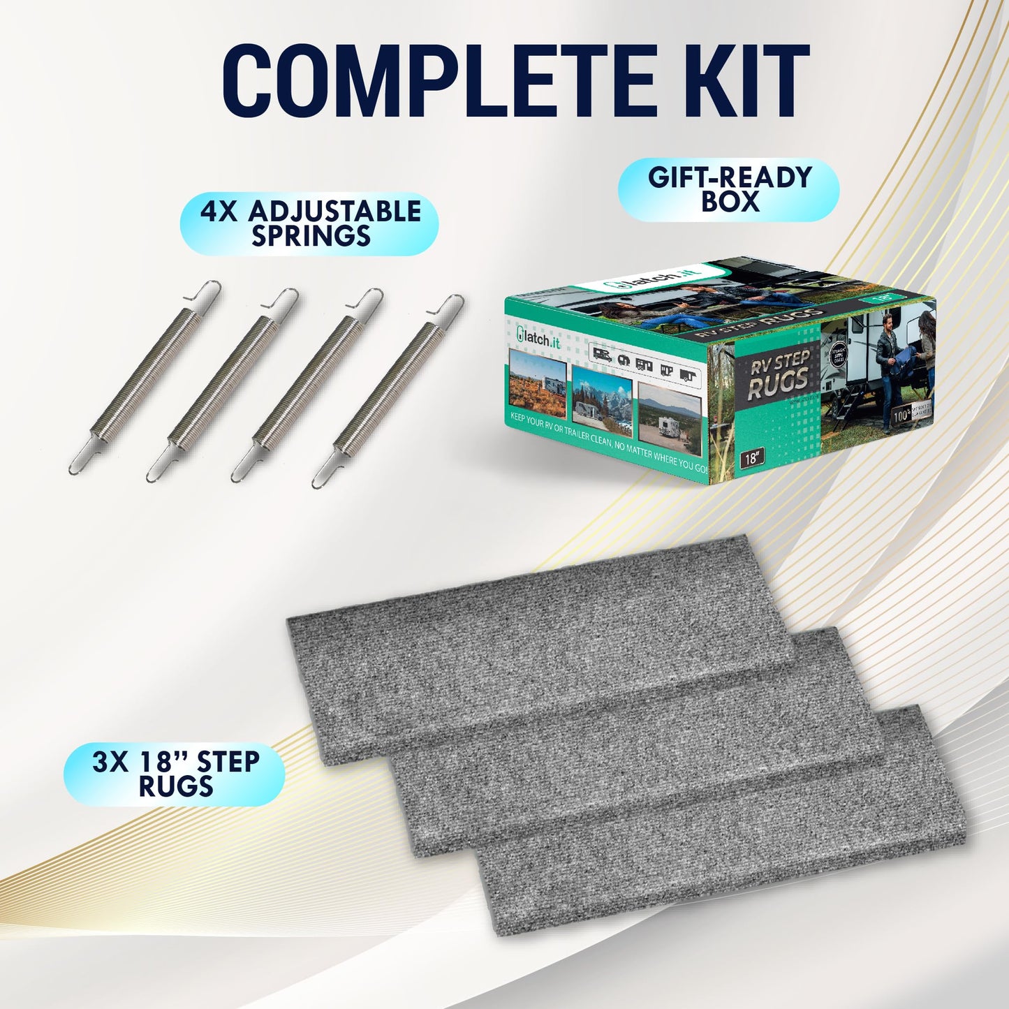 LATCH.IT RV Step Covers 3 Pack | 18" Wide Camper Step Covers | Gray RV Stair Covers | RV Step Carpet Fits 8-11" Deep RV Stairs | RV Stair Carpet | RV Step Cover | Keep Your RV Clean w/Our RV Step Rug