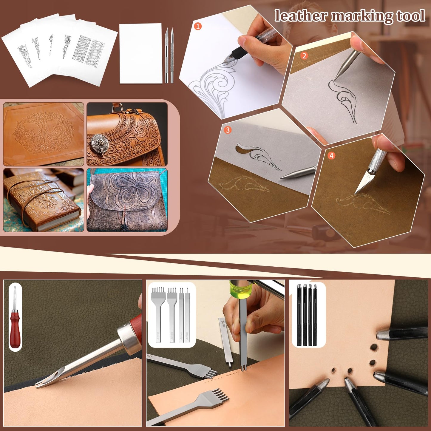 QMNNMA 102PCS Leather Working Tools Leather Tool Kit with Custom Storage Bag, Leather Carving Tools Leather Working Kit for Sewing Carving Cutting Punching Stamping